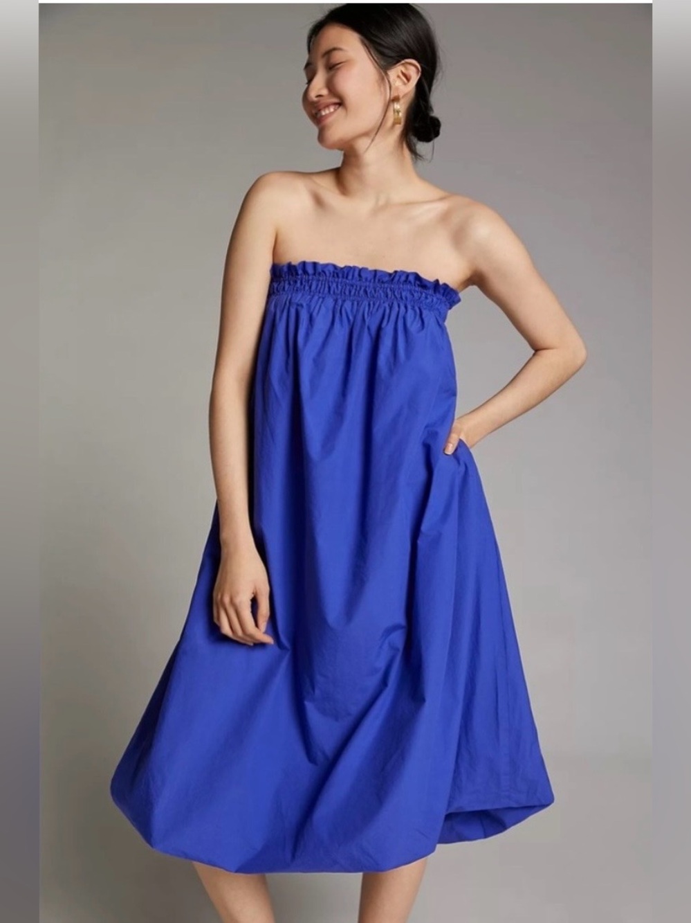 Anthropologie Bettina Royal Blue Strapless Smocked Bubble hem dress